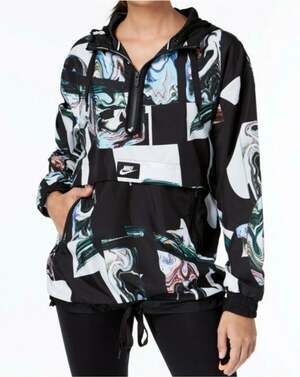 Nike Women's Black/Multi Marble-Print Half-Zip Hooded JacketWindbreaker - XS